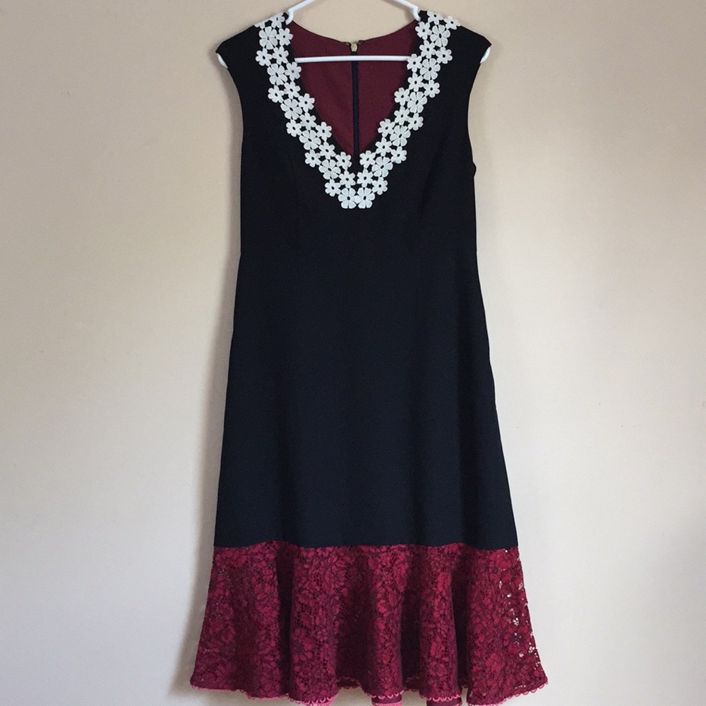 Draper James Black Dress with White Floral Trim and Burgundy Lace Hem